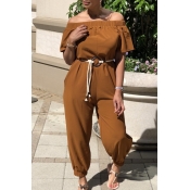 Lovely Casual Fold Design Brown One-piece Jumpsuit