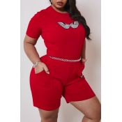 Lovely Leisure Print Red Plus Size Two-piece Short