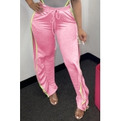 Lovely Casual Side High Slit Pink Pants