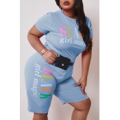 Lovely Leisure Letter Print Baby Blue Plus Size Tw