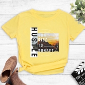 Lovely Leisure O Neck Letter Print Yellow T-shirt