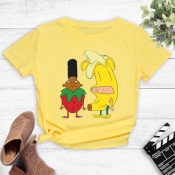 Lovely Leisure O Neck Cartoon Print Yellow T-shirt