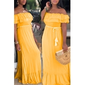 Lovely Stylish Flounce Design Yellow Maxi Dress