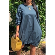 Lovely Casual O Neck Loose Dark Blue Knee Length D