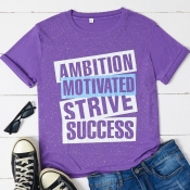 Lovely Casual O Neck Letter Print Purple T-shirt