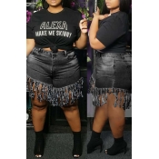 Lovely Plus Size Stylish Tassel Design Black Short