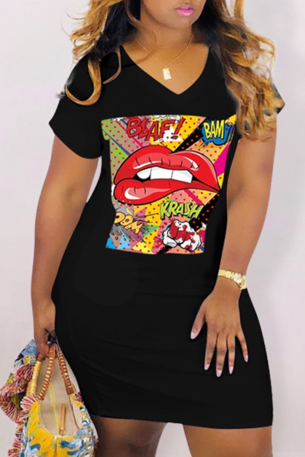 

Lovely Casual Lip Print Black Knee Length Dress