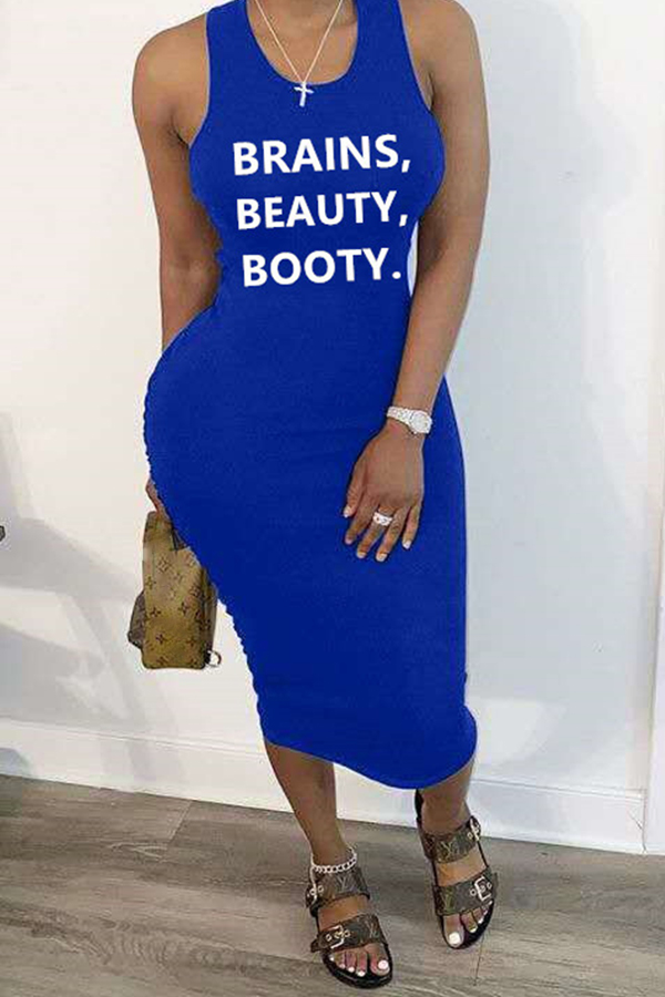 

Lovely Leisure Letter Print Blue Mid Calf Dress