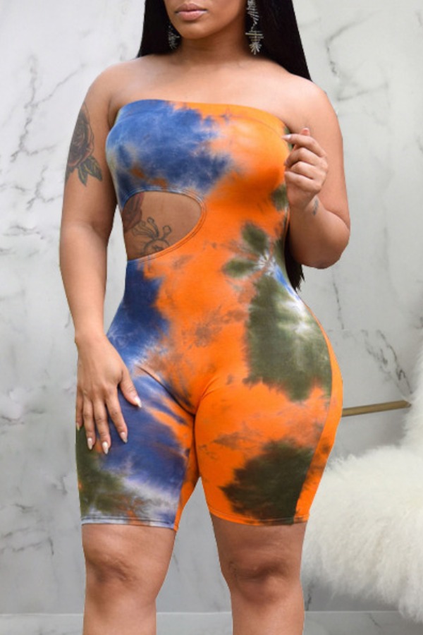 

Lovely Sexy Dew Shoulder Tie-dye Orange One-piece Romper