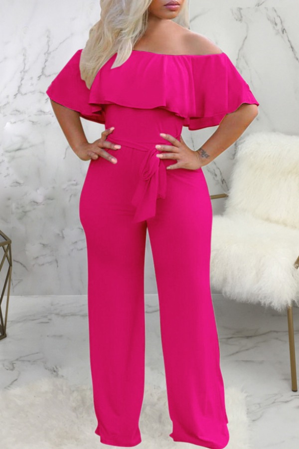

Lovely Trendy Dew Shoulder Rose Red One-piece Jumpsuit