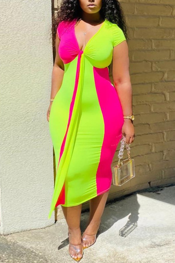 

Lovely Casual Patchwork Red Mid Calf Plus Size Dress