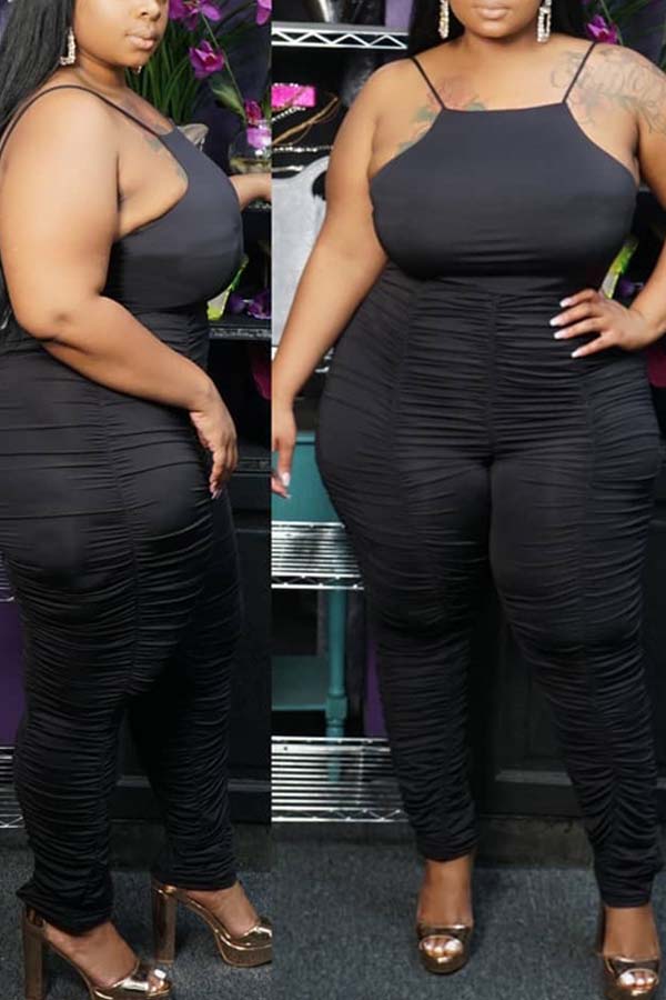 

Lovely Stylish Fold Design Black Plus Size One-piece Jumpsuit