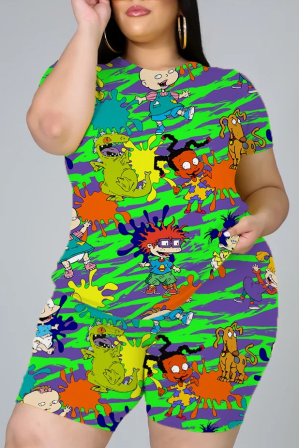

Lovely Casual O Neck Cartoon Print Green Plus Size Two-piece Shorts Set