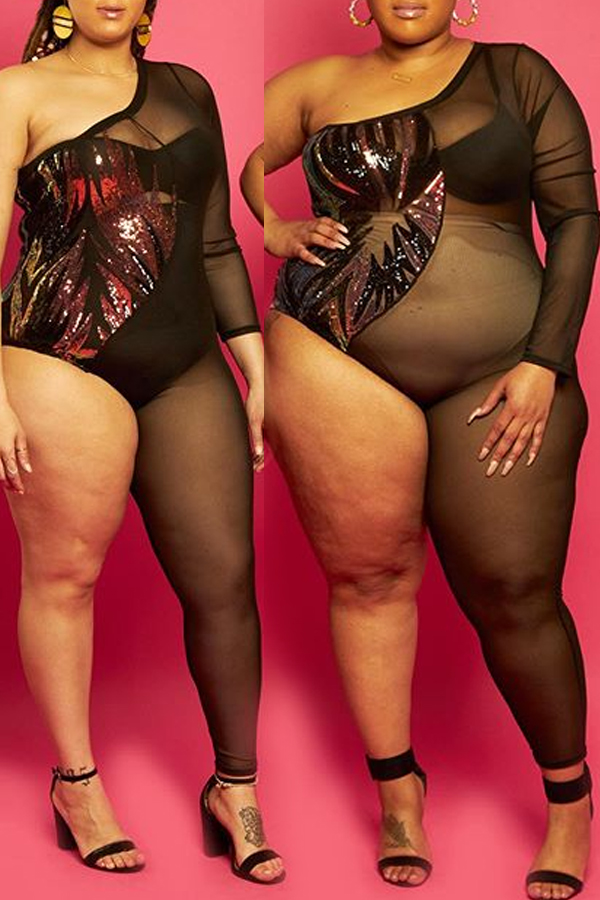 

Lovely Trendy One Shoulder Black Plus Size One-piece Jumpsuit