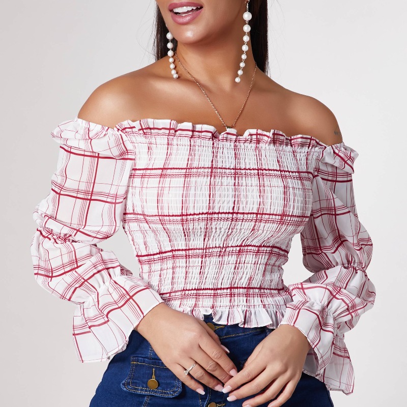 

Lovely Trendy Grid Red And White Blouse, Red and white square