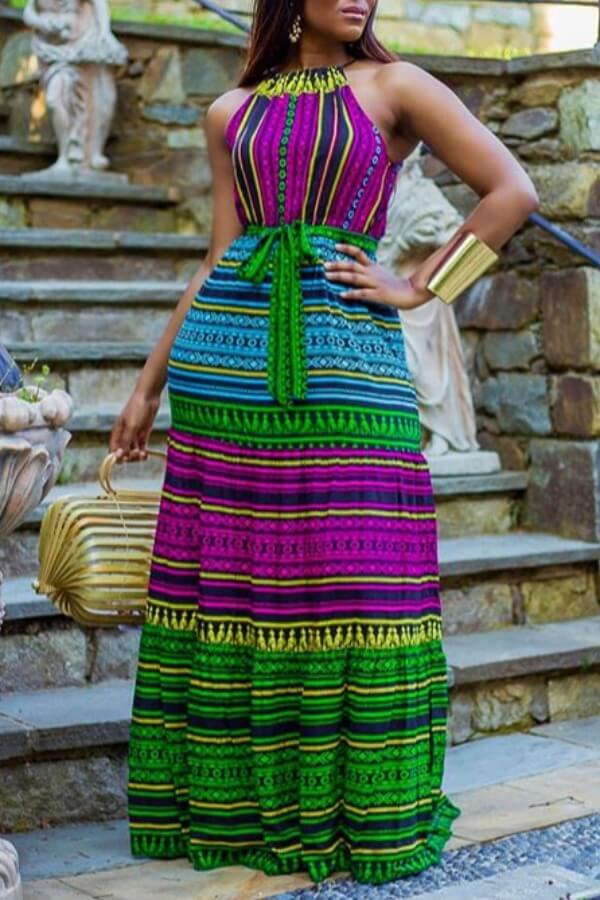 

Lovely Bohemian Print Multicolor Maxi Dress, Multi
