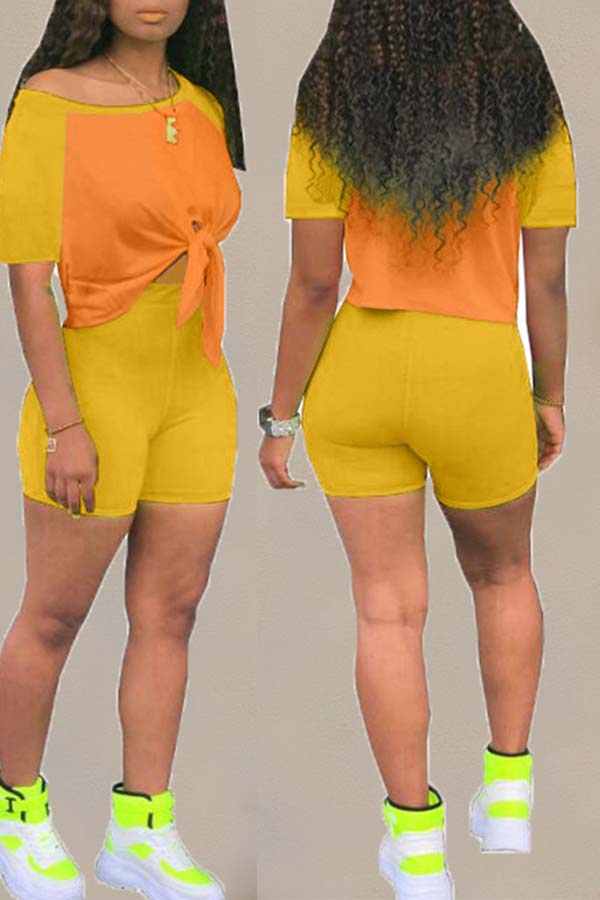 

Lovely Casual Patchwork Yellow Two-piece Shorts Set