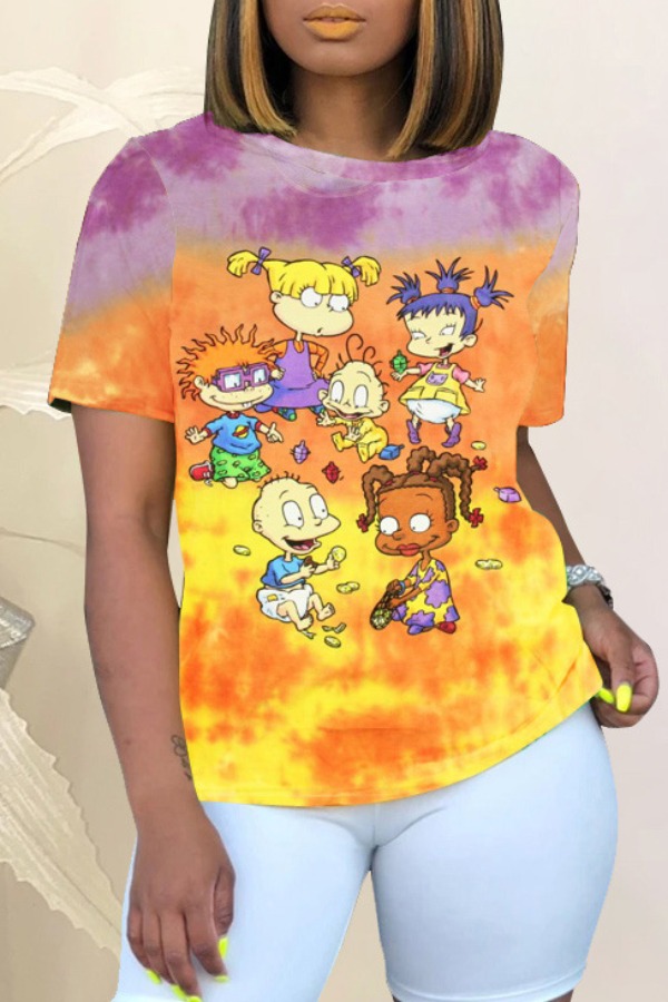 

Lovely Street O Neck Cartoon Print Orange T-shirt