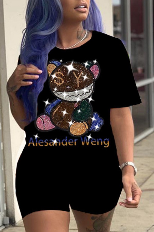 

Lovely Leisure O Neck Cartoon Black Two-piece Shorts Set