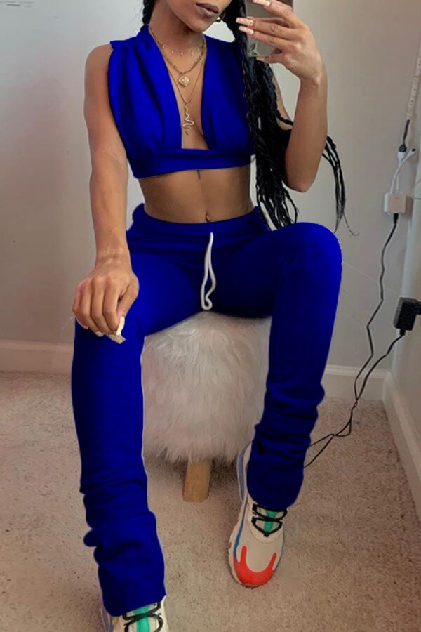

Lovely Sexy Lace-up Blue Two-piece Pants Set