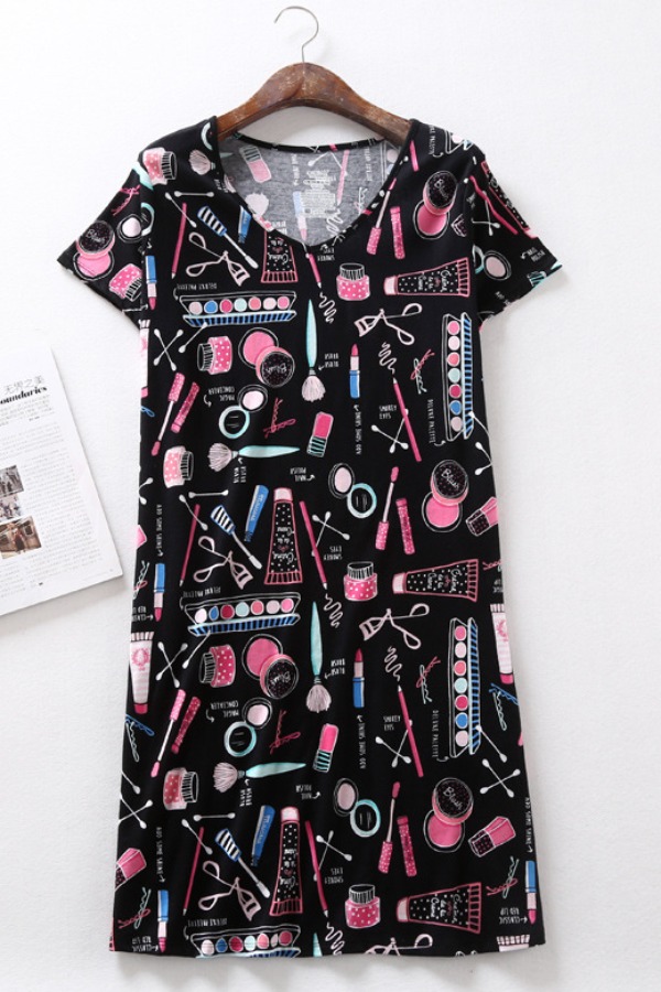 

Lovely Casual O Neck Print Black Sleepwear