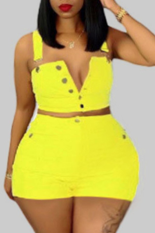 

Lovely Plus Size Stylish Buttons Design Yellow Two-piece Shorts Set