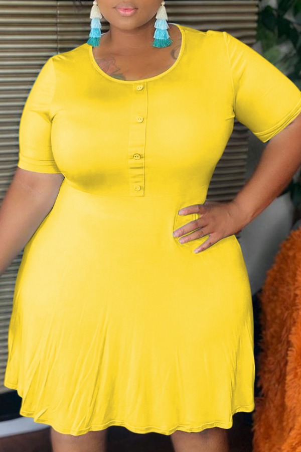 

Lovely Trendy O Neck Fold Design Yellow Mini Plus Size Dres