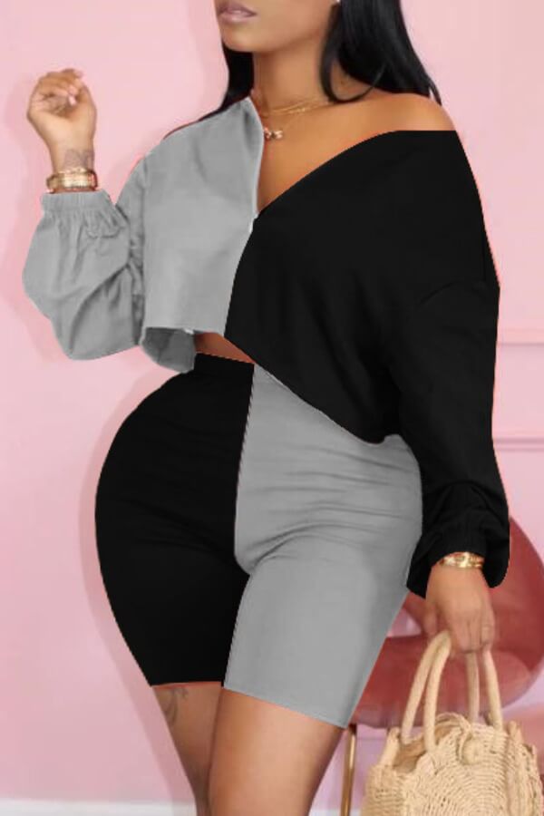 

Lovely Plus Size Casual Patchwork Black Two-piece Shorts Set