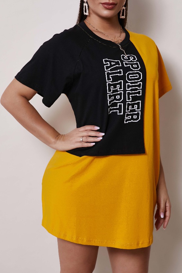 

Lovely Casual O Neck Letter Patchwork Yellow Mini Dress