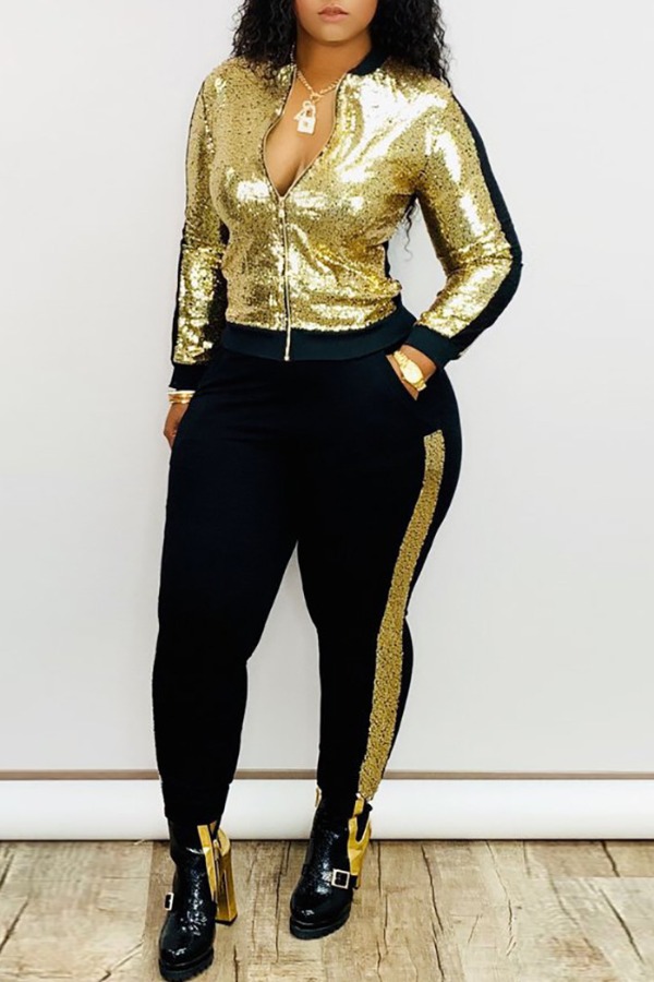

Lovely Casual Patchwork Gold Plus Size Two-piece Pants Set