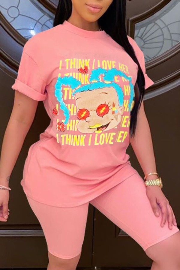 

Lovely Casual O Neck Cartoon Print Light Pink Two-piece Shorts Set