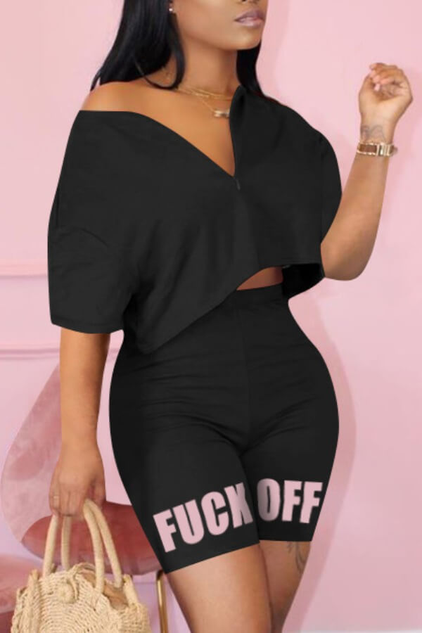 

LW Leisure Letter Print Black Two-piece Shorts Set