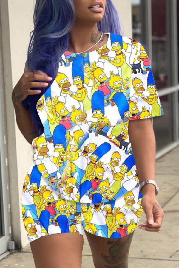

Lovely Casual Cartoon Print White Two-piece Shorts Set