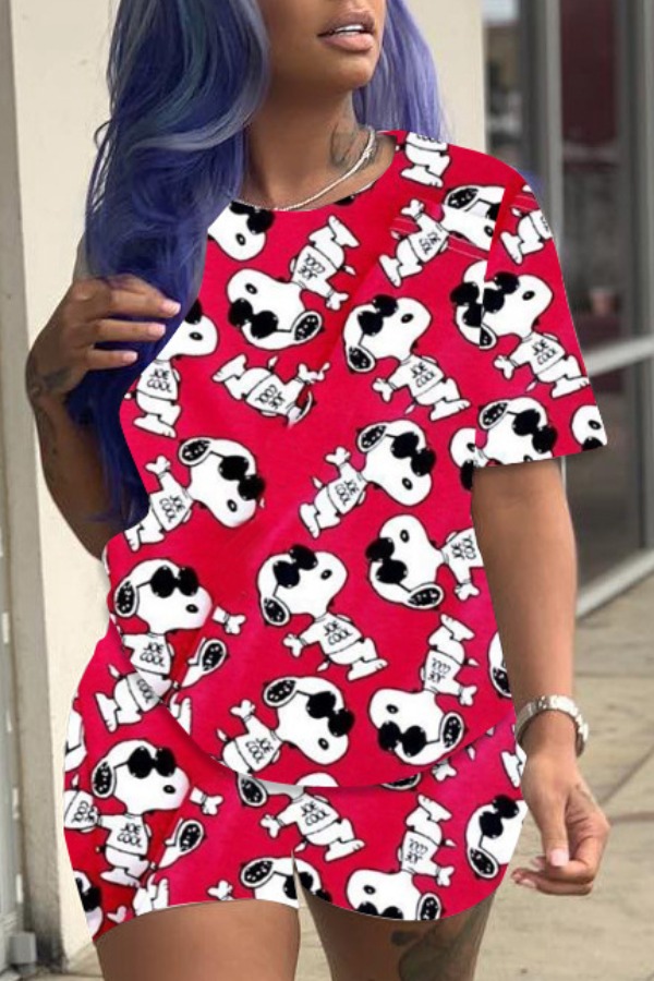 

Lovely Casual Cartoon Print Red Two-piece Shorts Set
