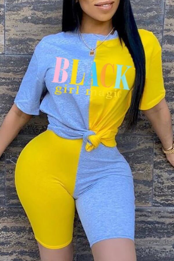 

Lovely Casual Letter Print Yellow Two-piece Shorts Set