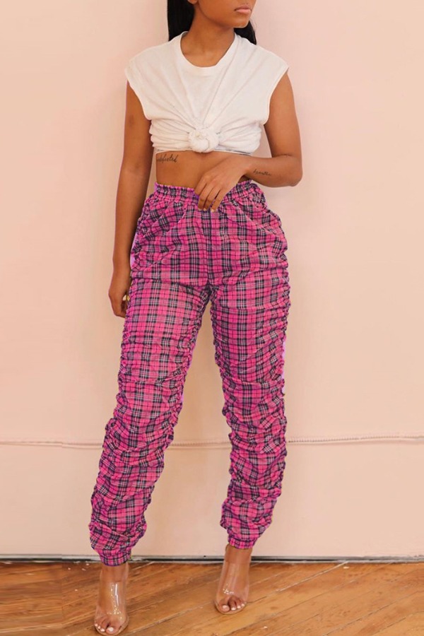 

Lovely Casual Grid Rose Red Two-piece Pants Set