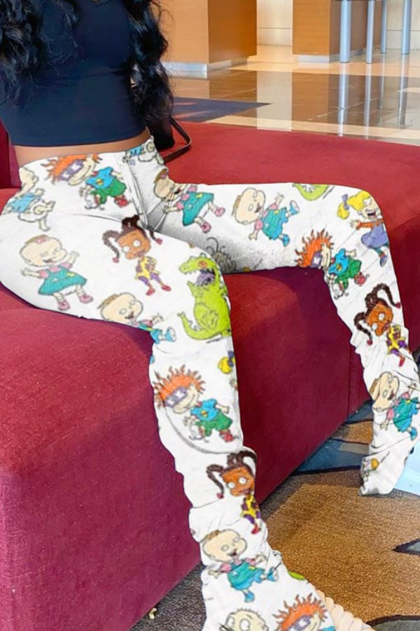 

Lovely Casual Cartoon Print White Pants