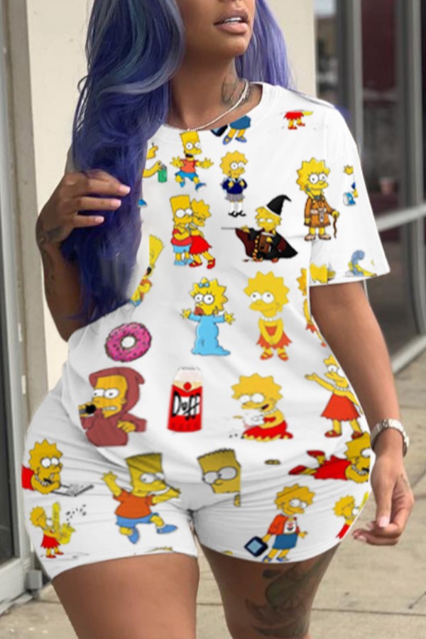 

Lovely Casual Cartoon Print White Plus Size Two-piece Shorts Se