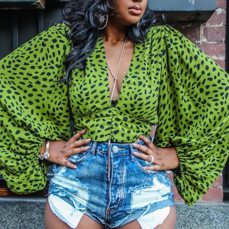 

Lovely Trendy V Neck Print Green Blouse