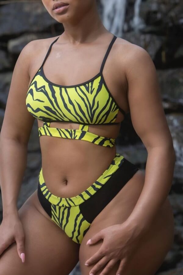 

Lovely Plus Size Print Yellow Two-piece Swimsuit