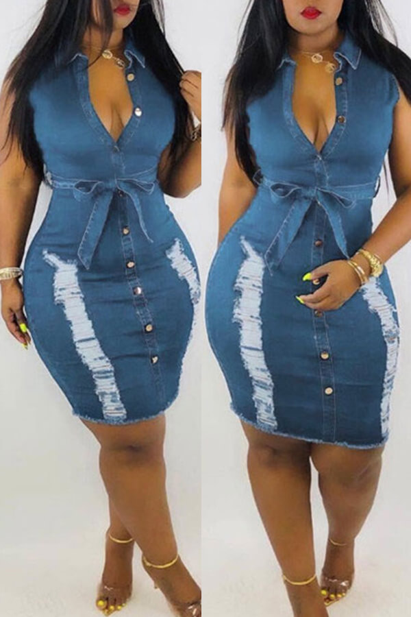 

LW Plus Size Stylish Broken Holes Baby Blue Knee Length Dress