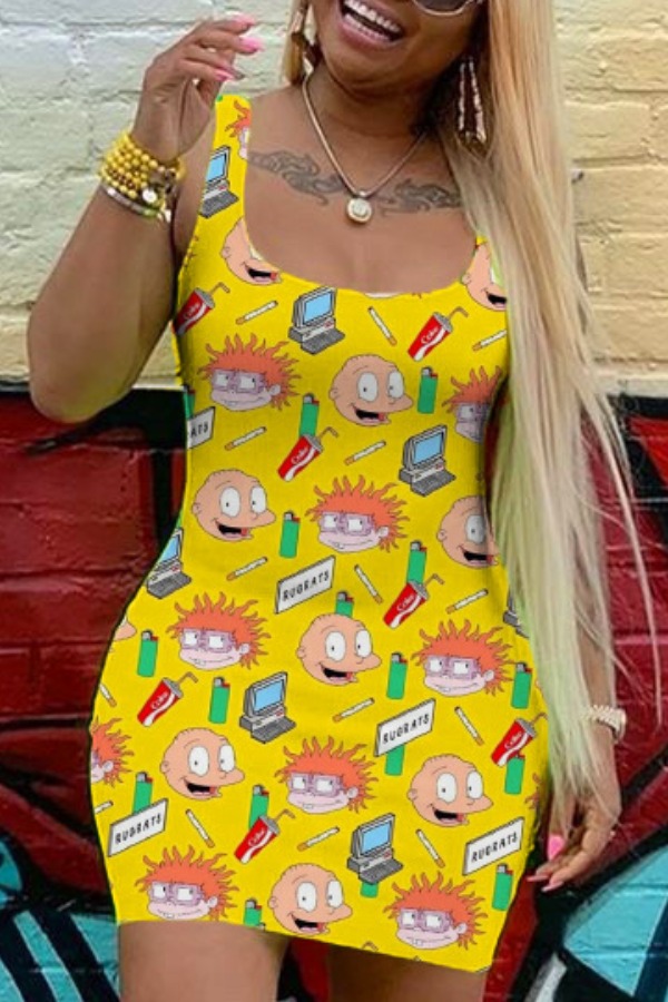 

Lovely Casual Cartoon Print Yellow Mini Dress