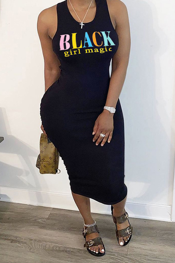 

LW Leisure O Neck Letter Black Mid Calf Dress