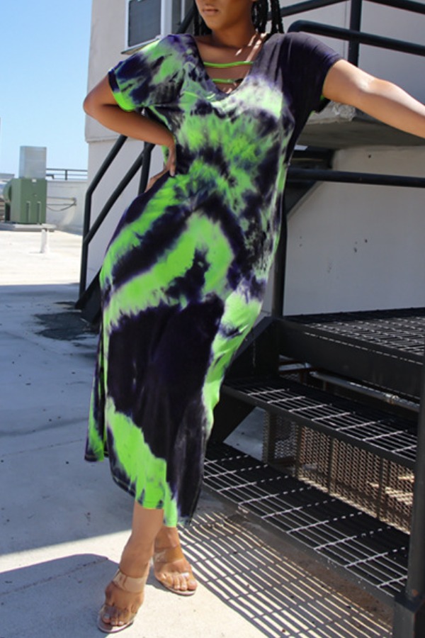 

Lovely Casual Tie-dye Green Mid Calf Dress