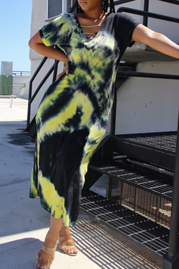 

Lovely Casual Tie-dye Yellow Mid Calf Dress