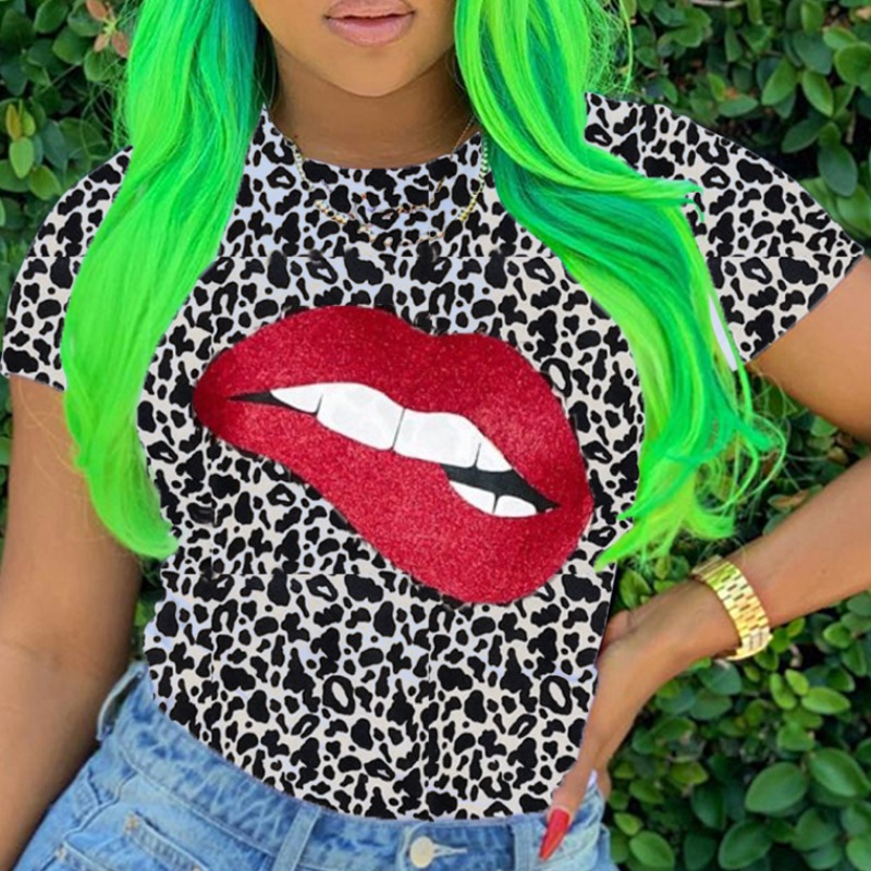 

Lovely Trendy O Neck Lip Print Grey T-shirt