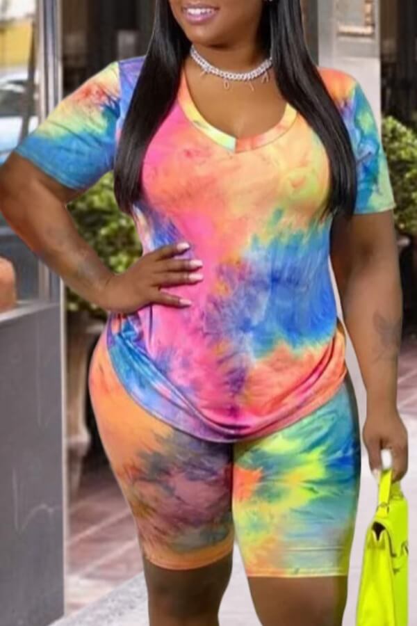 

LW Plus Size Trendy Tie-dye Multicolor Two-piece Shorts Set, Multi