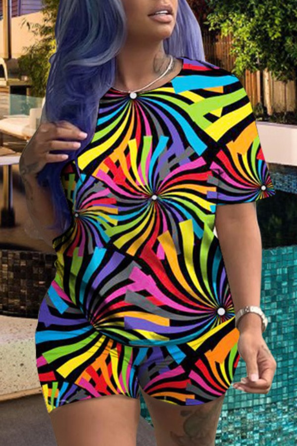 

Lovely Casual Print Multicolor Plus Size Two-piece Shorts Set, Multi