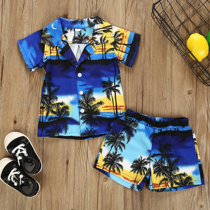 

Lovely Casual Plants Print Deep Blue Boy Two-piece Shorts Set