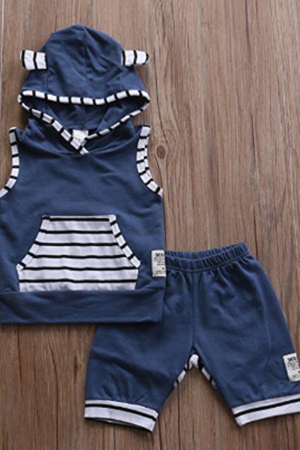 

Lovely Casual Patchwork Blue Boy Two-piece Shorts Set